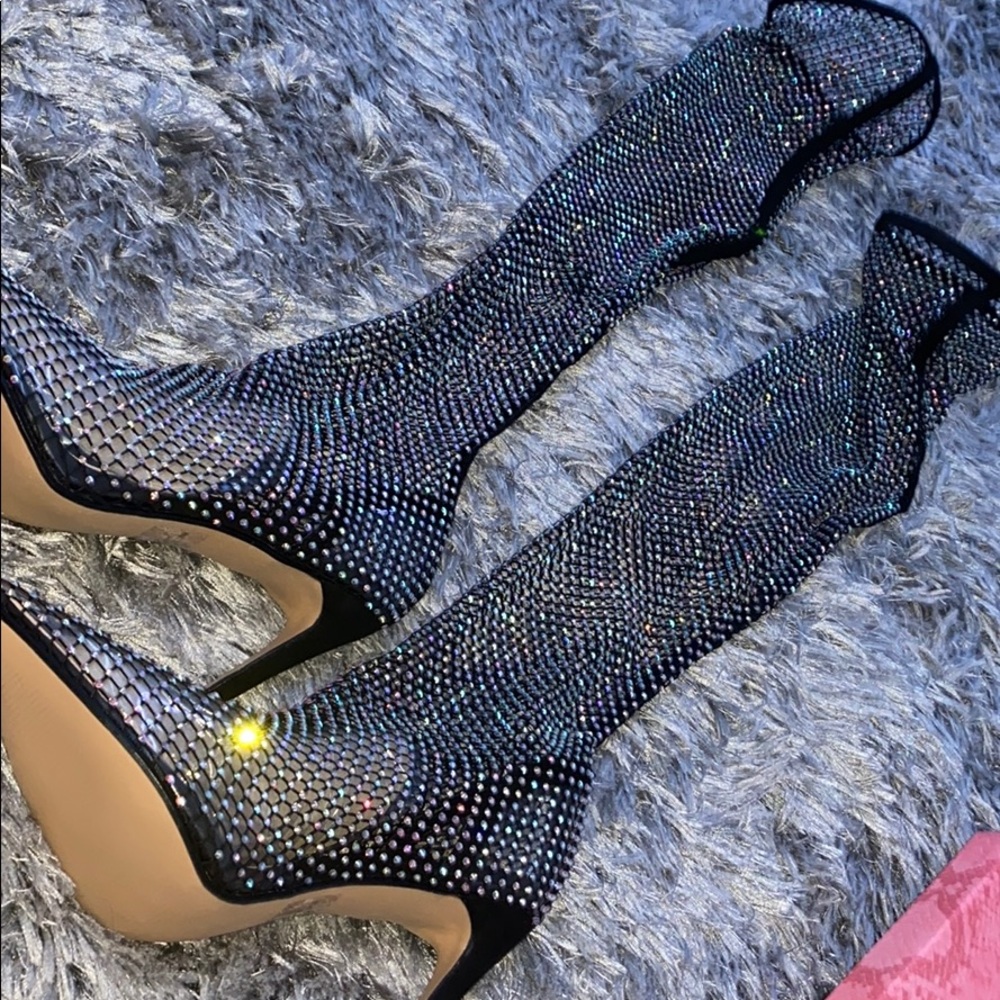 Black diamanté mesh knee high heels